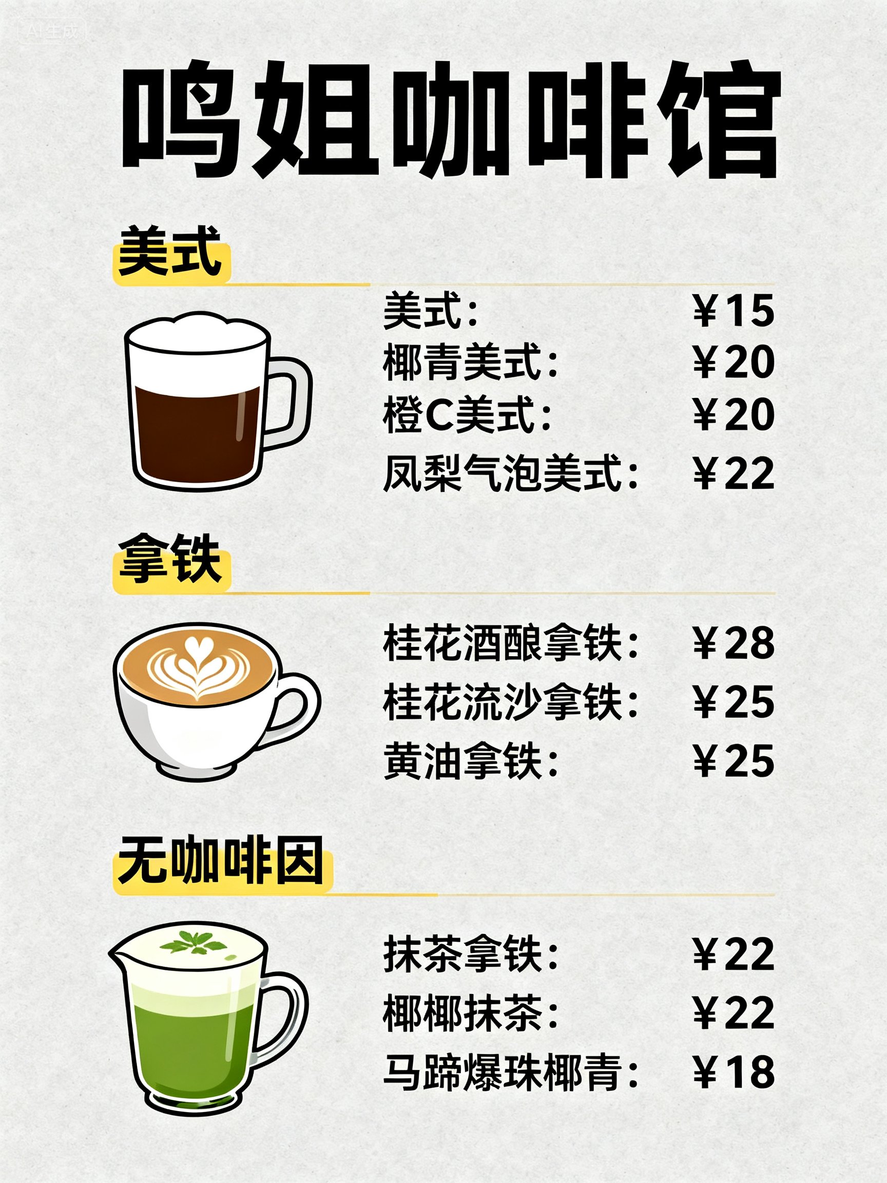 菜单价格表 · 示例 2